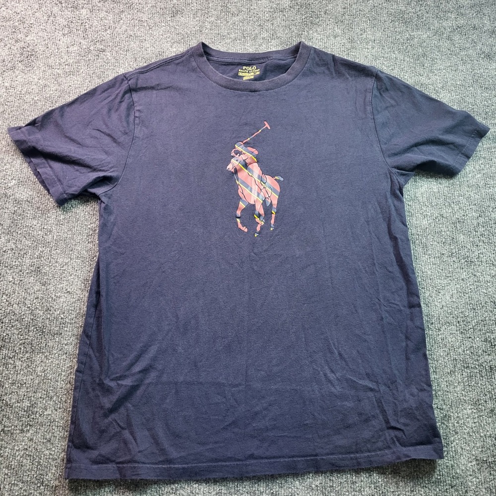 Polo Ralph Lauren Big Pony T-Shirt XL (18-20) Navy Blue Plaid Logo Cotton Tee